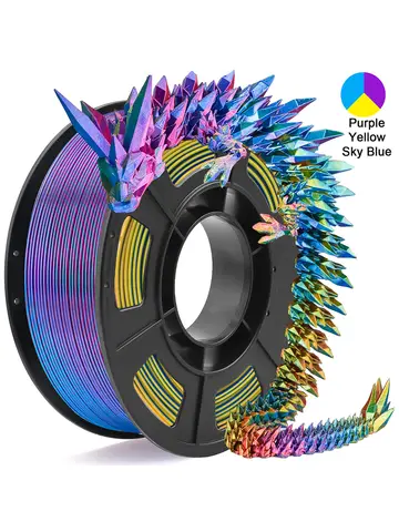 Tricolor Silk PLA 3D Printer Filament, 1.75mm Multicolor 3D Printing Filament, Purple&Sky Blue&Yellow Filament, 250g (0.55lbs)