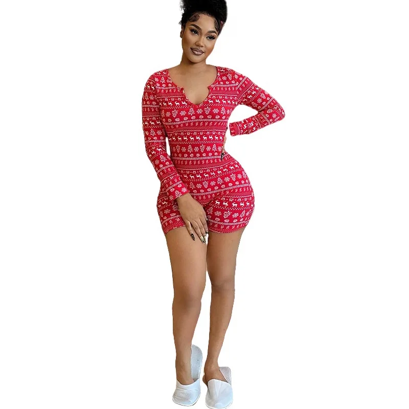 Women’s Christmas Grid Print V-Neck Long Sleeve Jumpsuit Playsuit, Zipper