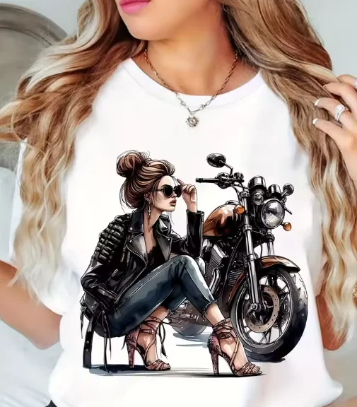 Koszulka damska z grafiką motocykla retro, elegancki krój, różowa z nadrukiem motocykla, eleganckie stroje