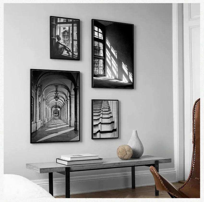1PCS frameless Canvas paintingWall Art S Prints Wall Pictures For Living Room Scandinavian Nordic Black And White Building Canva