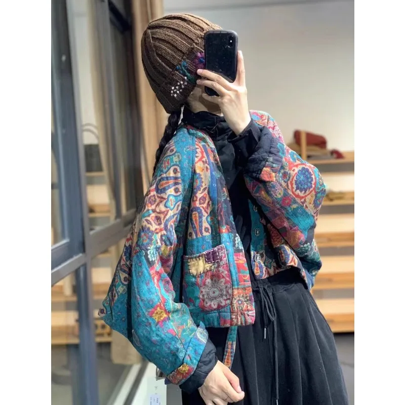 Printed Linen Cotton Jacket, Ethnic Style Cotton Clip Thick Short and Thin Jacket, Women\'s Autumn and Winter 2024 Style