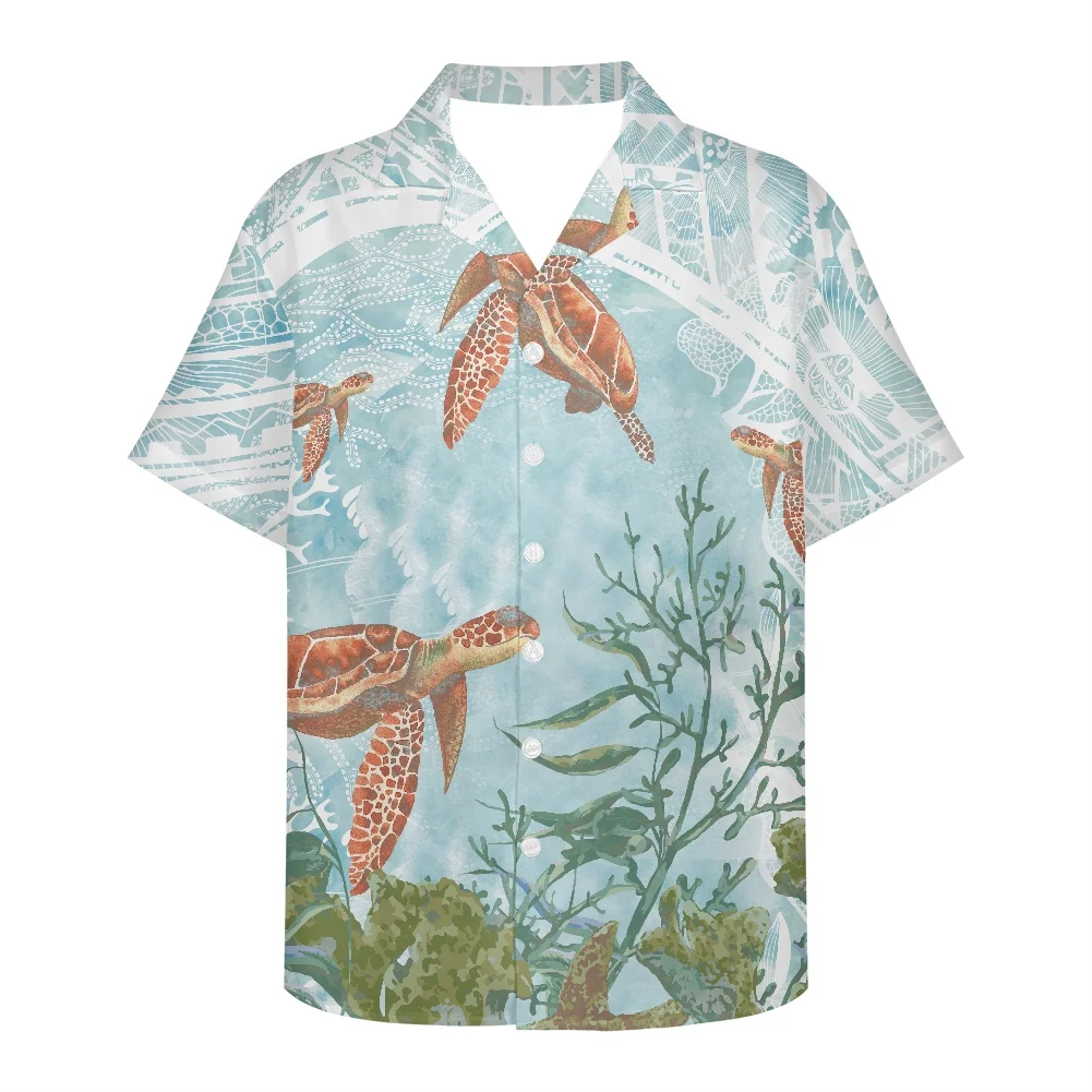 

HYCOOL Polynesian Tribal Men Clothing Hawaiian Sea Turtle Digital Print Short Sleeve Button Up Loose Fit Shirts For Men Blouses