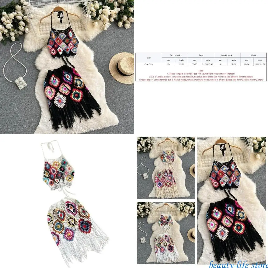 

Women Hollowed Out Knit Crochet Halter Cami Crop Top and Short Tassels Skirt Set Bohemian Festival Beach Cover Up Outfit 517D