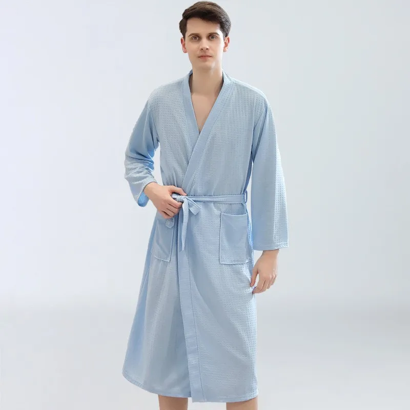 Men's Waffle Robe Long-Sleeve Solid Color Sauna Suit Soft And Breathable Bathrobe Ideal for Home Or Relaxation Cozy Loungewear
