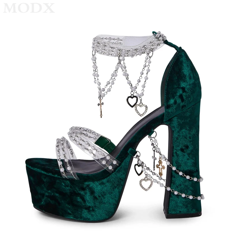 Green Suede Platform Chunky High Heels 2024 Summer Girls Pearl Chain Decor All-match Sandals Fashion Sexy Runway Nightclub Shoes