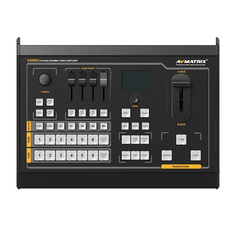 

Avmatrix VS0605 6 Channel Multi-format Live Production Broadcast Video Switcher With Recorder