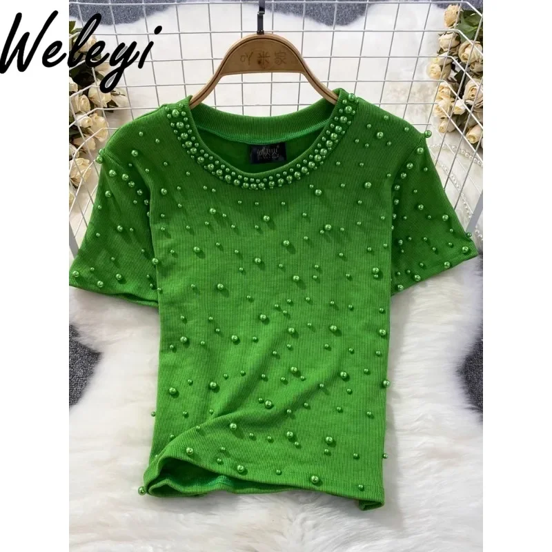 Summer Korean Style Diamond-encrusted Beads T-shirt for Woman 2025 Fashion Short Sleeve Pearls O Neck Pure Color Short Tee Top