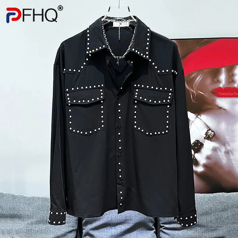 PFHQ Korean Fashion Personalized Diamond Decorative Design Shirt New Autumn Trend 2024 Solid Color Male Tops 21Z6626