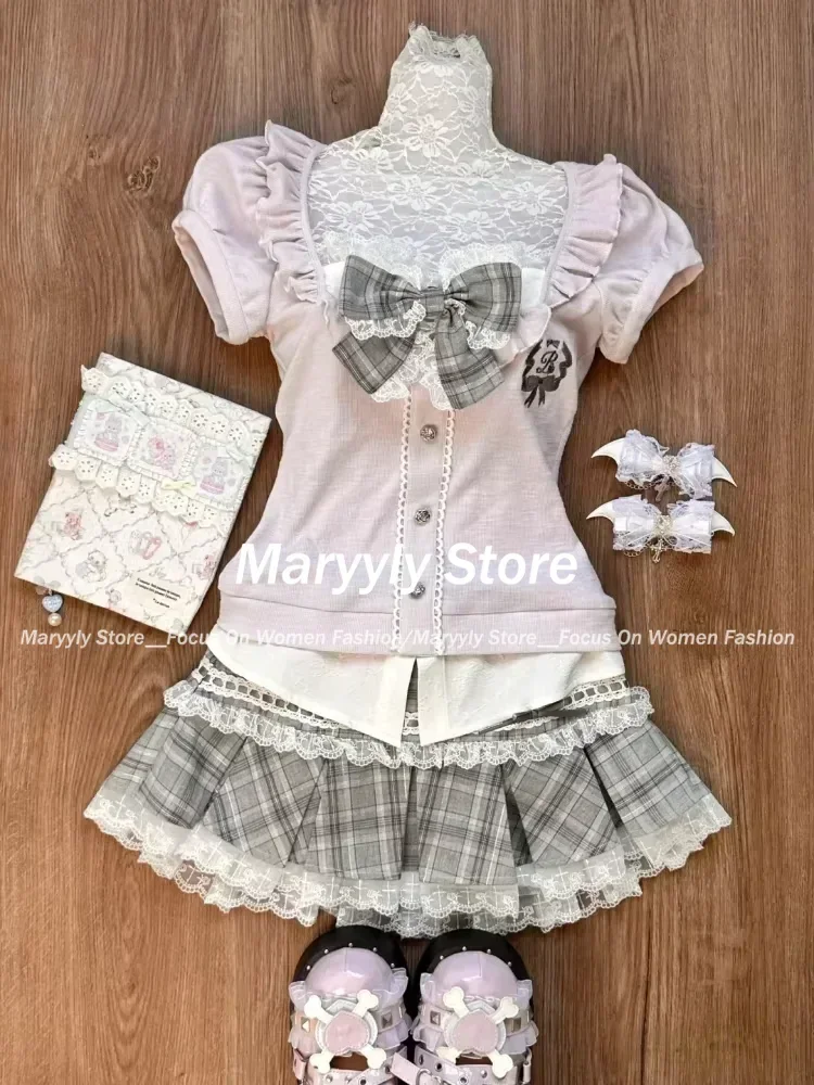 Japanese Sweet Preppy Style Skirt Set Women Kawaii Lace Patchwork Bow Tops + Y2k Plaid Mini Skirt Elegant Outifits 2 Piece Set