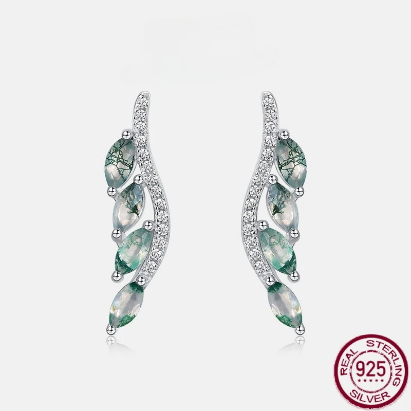 

New S925 pure silver personalized leaf natural green moss stone inlaid with water grass agate simple wedding jewelry
