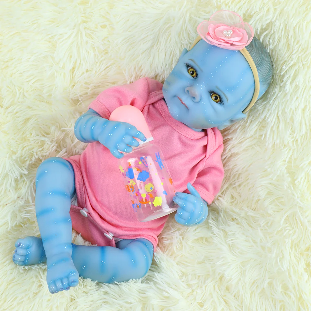 18-Zoll-Ganzkörper-Reborn-Baby-blaue Puppen Handdetailliertes Gemälde Fee Avatar Lebensechte echte Soft-Touch-kleine Puppe süßes praktisches Baby