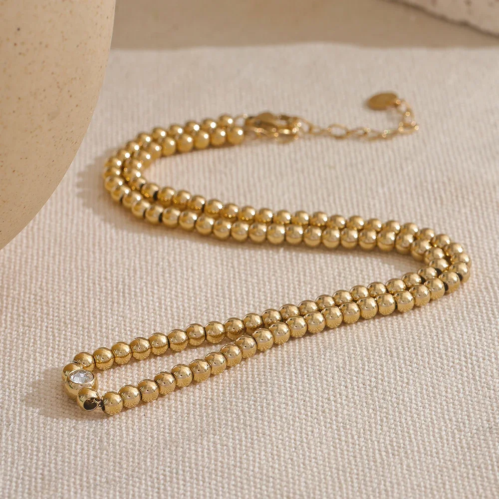 JINYOU 3439 High Quality 18K PVD Plated Round Beads Chain Handmade Necklace Water Resistant Stainless Steel Statement Jewelry