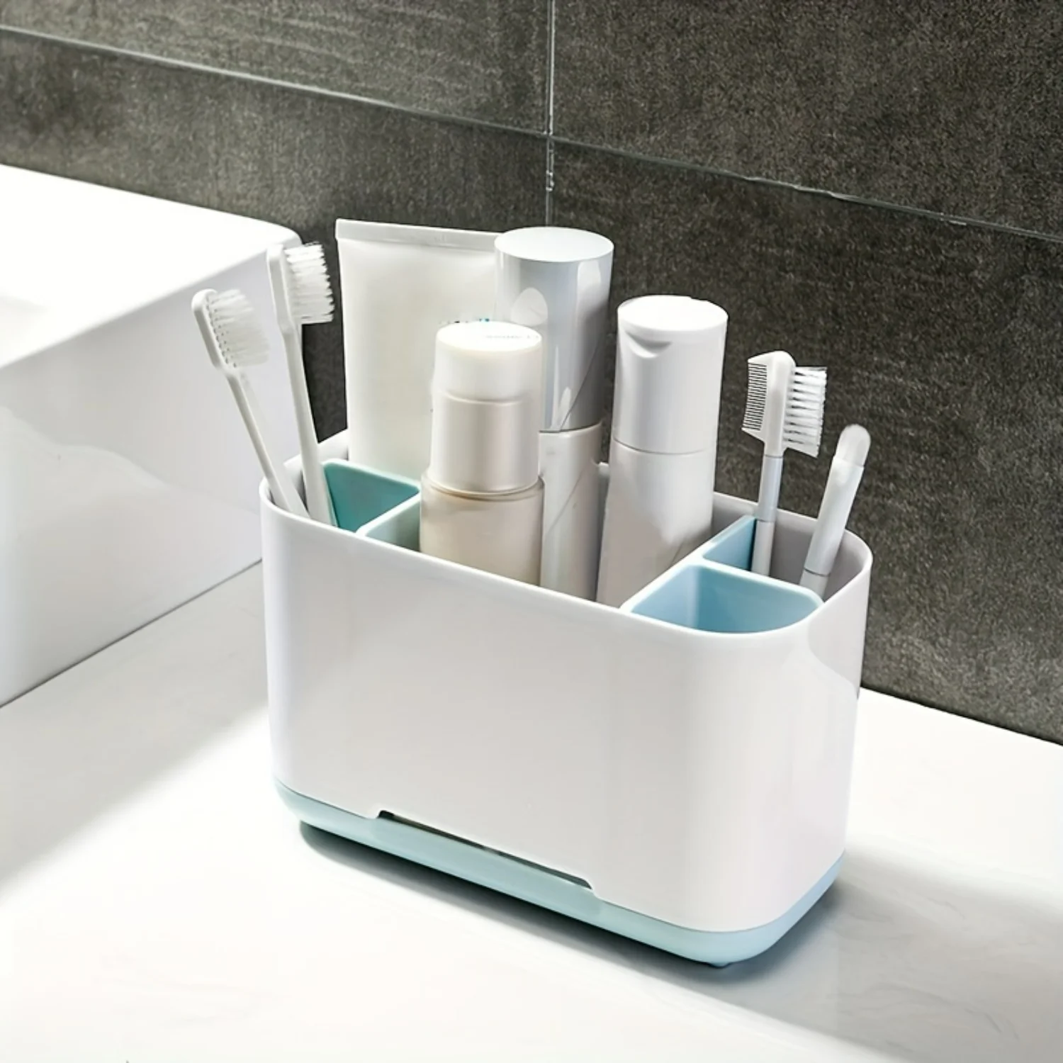 Japanese Style Bathroom Organizer - Freestanding Toothbrush & Cosmetic Holder With Drainage