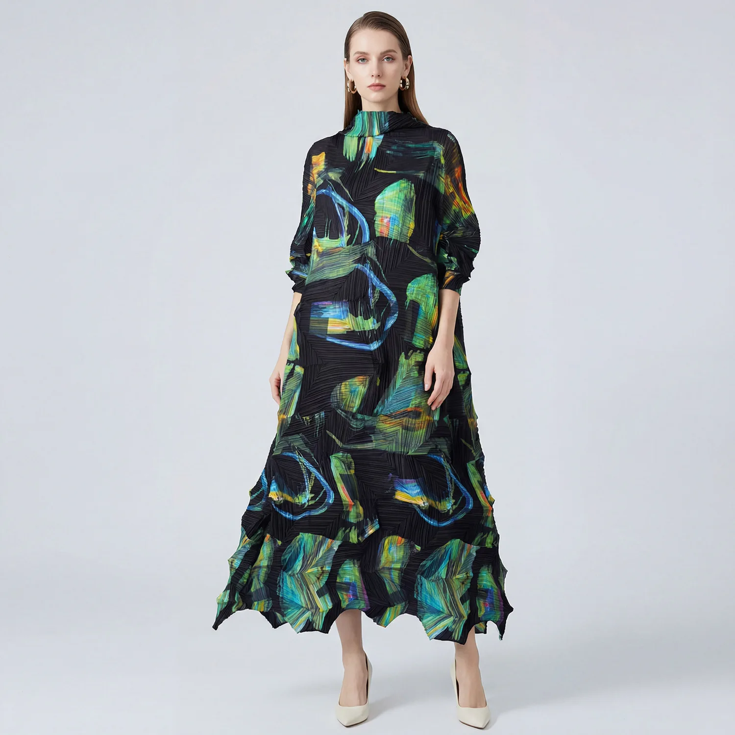 Miyake geplooid 2026 lente en zomer nieuwe mode damesontwerp onregelmatig gevoel voor casual geplooide print stropdas jurken geplooid