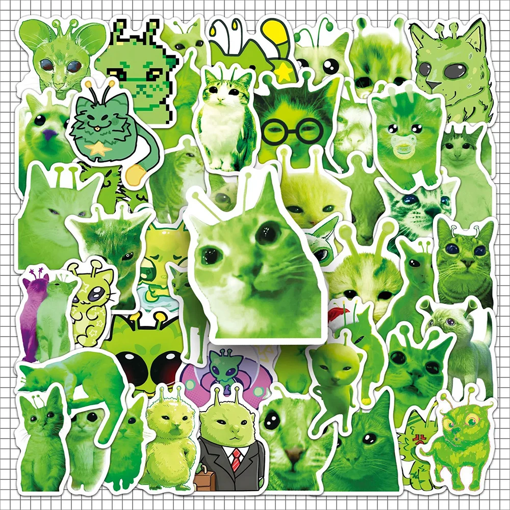 10/30/50PCS Autocollants Mignons Chat Alien, Meme Abstrait, Chat Amusant, Autocollant Vert pour Ordinateur Portable, Papeterie, Jouet DIY, Secret