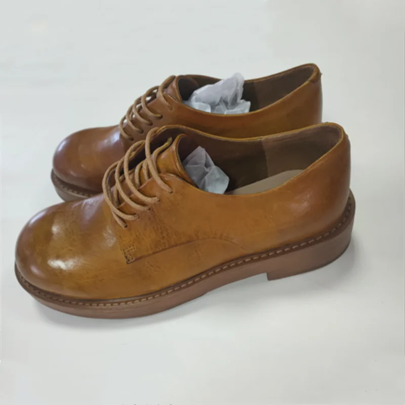 Washed Horse Hide Derby Shoes Women Retro Flat Bottom Genuine Leather Lace Up Single Boots Outdoor Walking Autumn Winter New