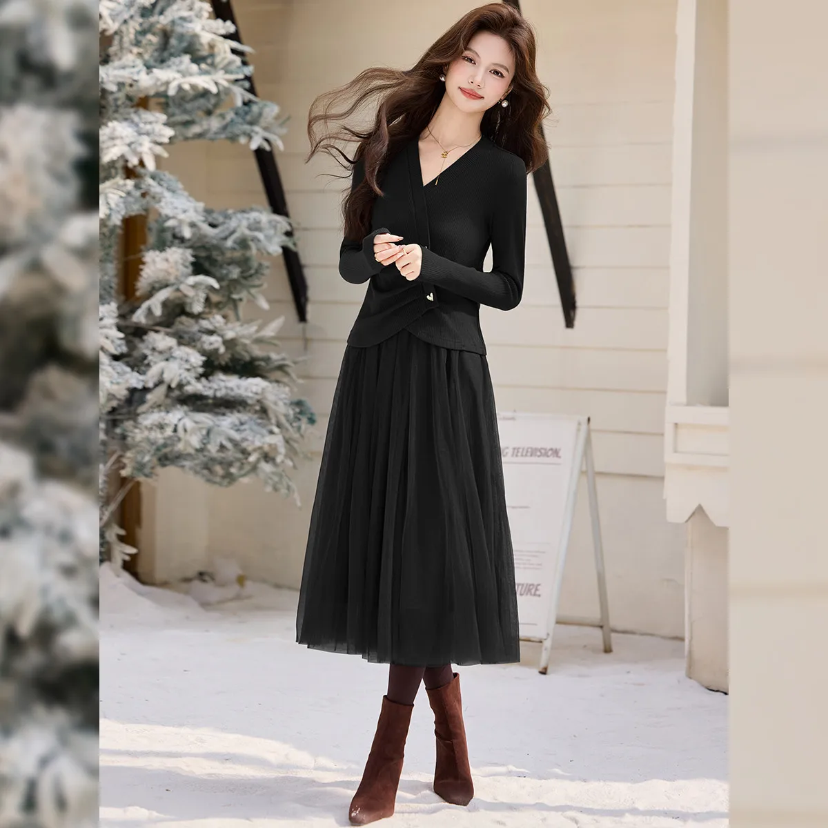 LOUIS YAO Knit Top & Mesh Cami Dress Two-Piece Set 2026 Autumn/Winter Stylish V-Neck Ruched Slightly Stretchy Women's Outfit