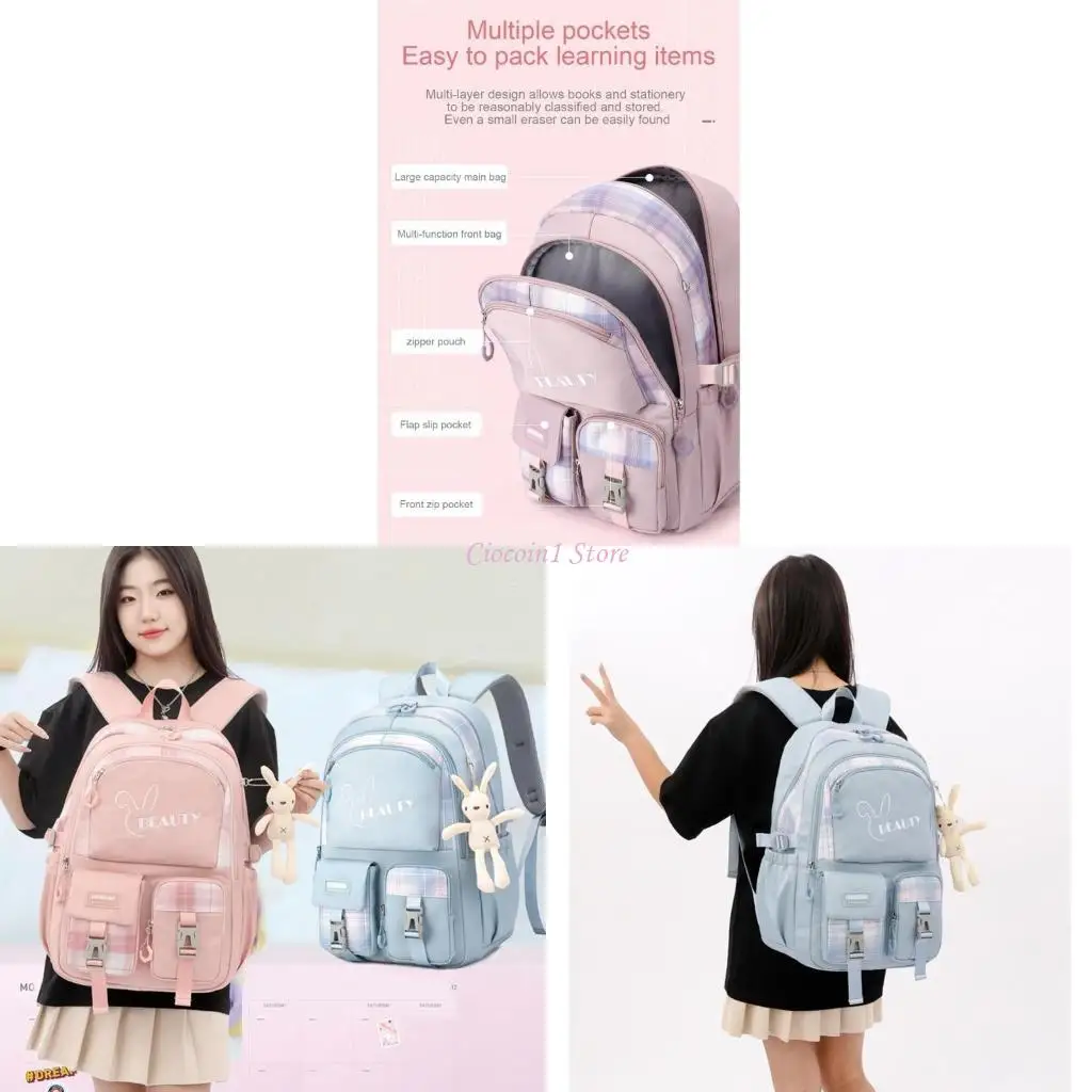 

Y1UB School Backpack with Pendant for Teen Girl College Large Capacity Bookbag Schoolbag Student Daypack