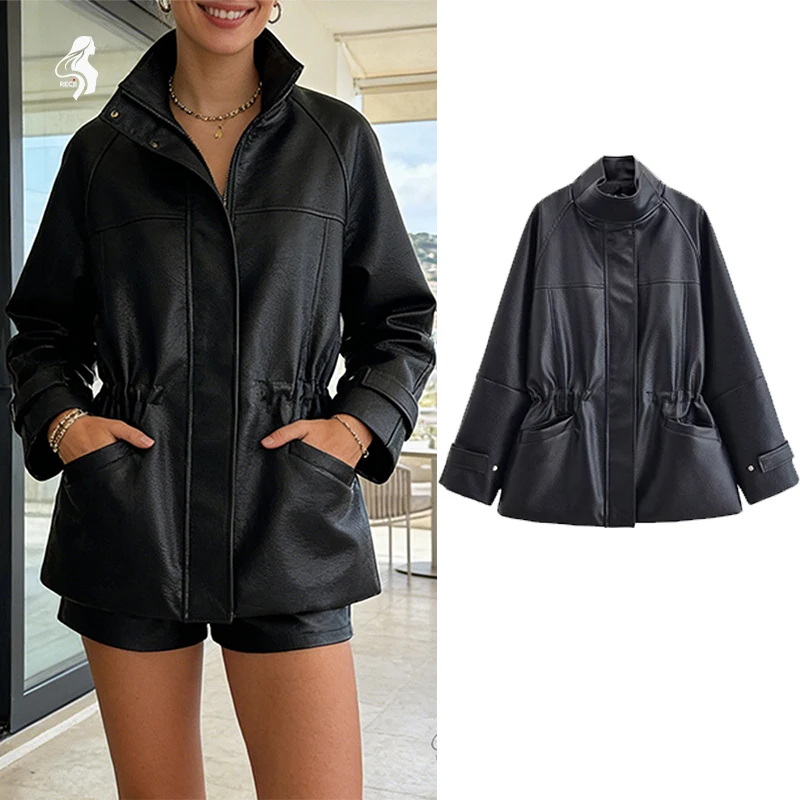 

Casual Commuter Leather Stand Collar Jacket For Women Drawstring Waist Mid Length Zipper Jacket Women Winter Coats Trafizaran