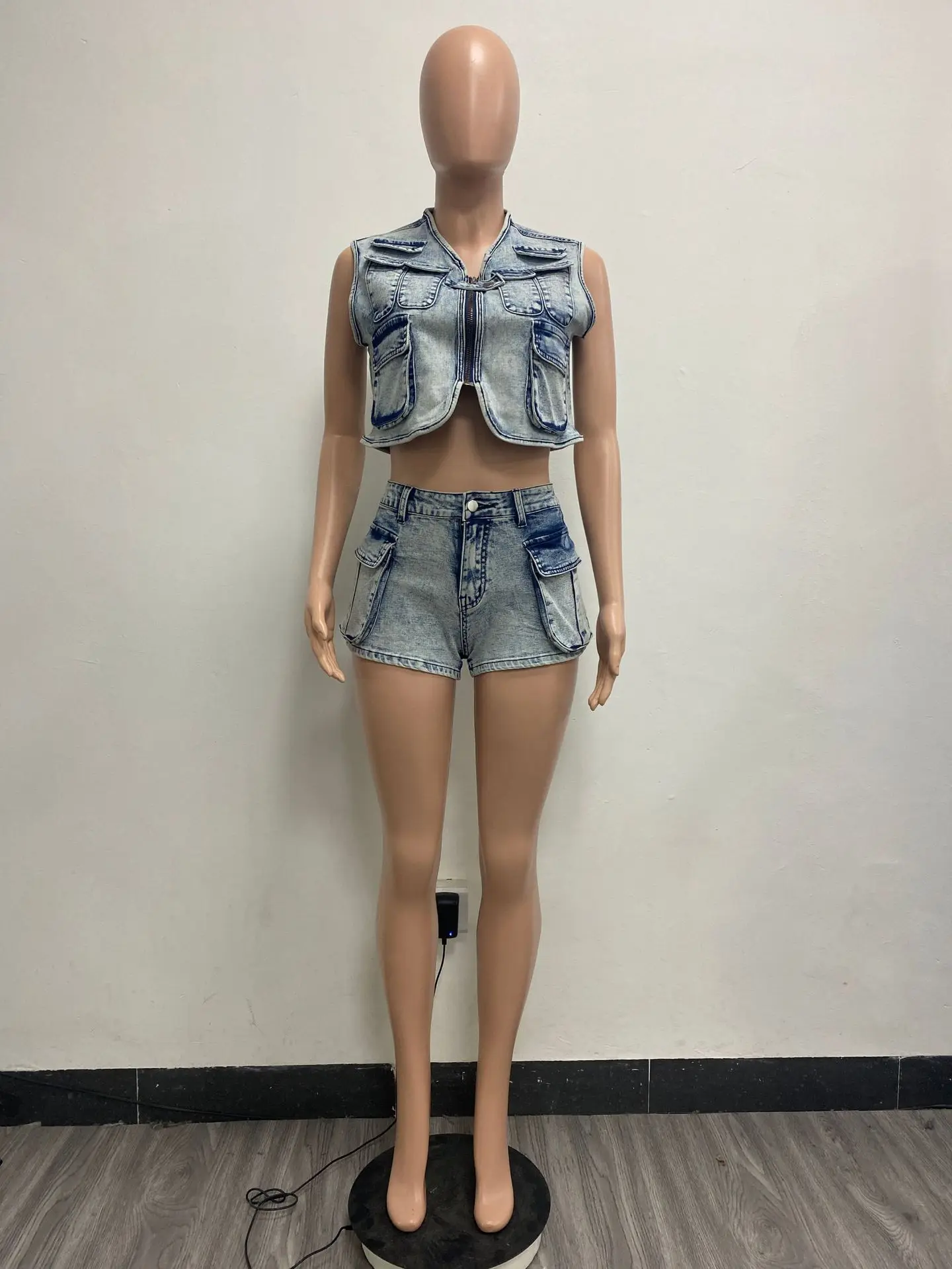Women Denim Shorts Suits 2026 Streetwear Ensemble Vest Multiple Pockets V Neck Waistcoat Short Pants Outfits Sexy 2 Piece Sets