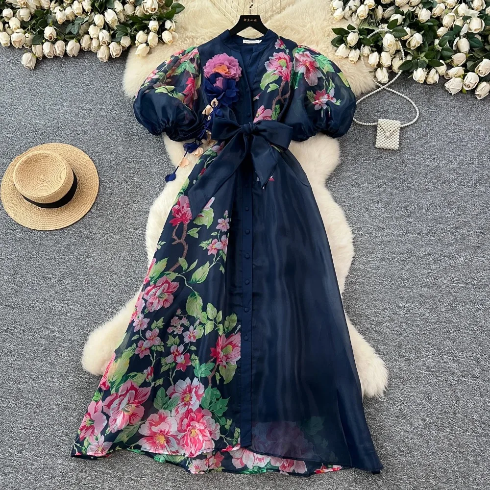 Chic vintage sexy scollo a V tridimensionale impiombato fata estate donna Boho vestito estivo abbigliamento donna abito lungo