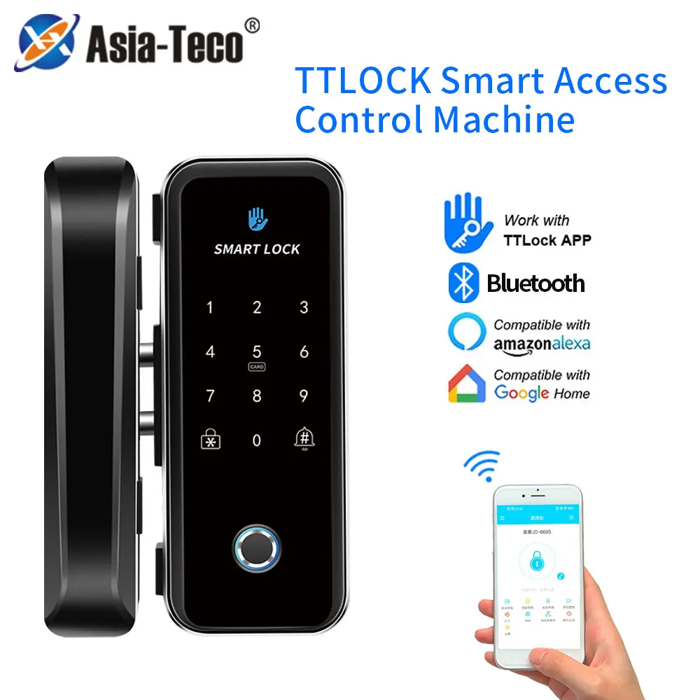 Smart Lock Bluetooth Tuya/TT App Control Frameless Glass Door Sliding Door Compatible RFID Card & Fingerprint Installation R