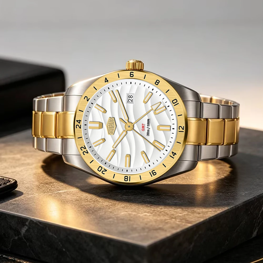 Reloj GMT Original de Calidad para Hombre, Resistente al Agua, Luminoso, con Fecha, Marca de Lujo, Reloj de Cuarzo de Acero Inoxidable para Hombre y Mujer + Caja