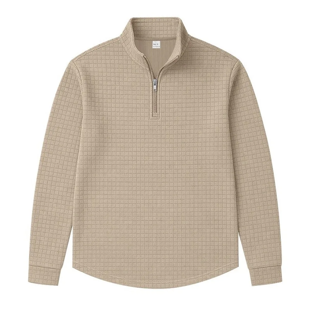 Long Sleeve Men\'s Half Zip Pullover Built with Stand Collar Support and Surface-Level Jacquard Checkered Detail