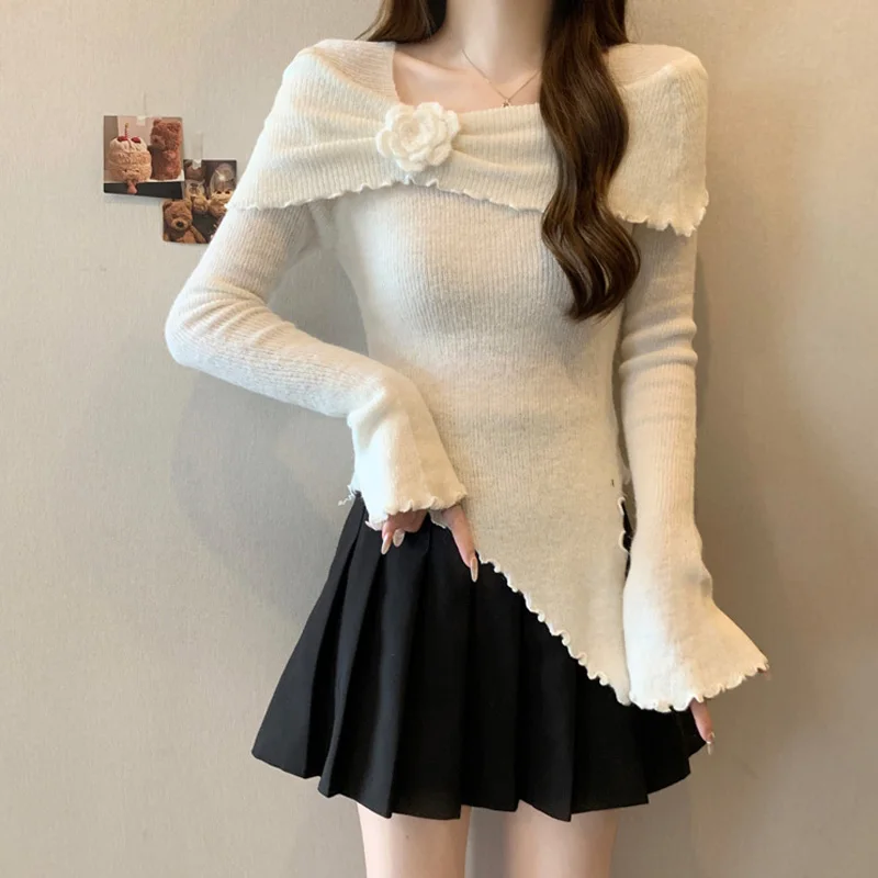 Spring  Autumn French Temperament Flower Off Shoulder Knitted Sweater Women Irregular Solid Slim Flared Sleeve Lady Tops 31082