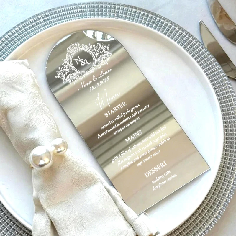 Menú personalizado Menú de boda personalizado Menú de boda personalizable para menú acrílico dorado con espejo, menú acrílico plateado con espejo