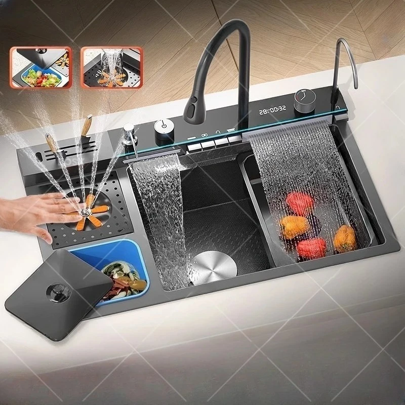 Kitchen Sink With Waterfall Extra Large Single Slot Cup washer Digital
