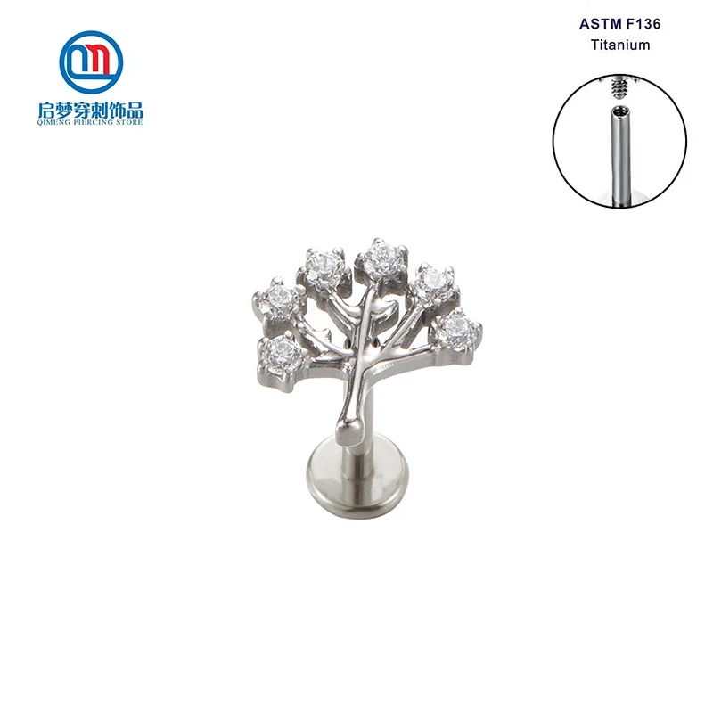 16G ASTM F136 Titanium Internally Threaded Zircon Tree Shape Top Labret Tragus Lobes Helix Cartilage Body Piercing Jewelry