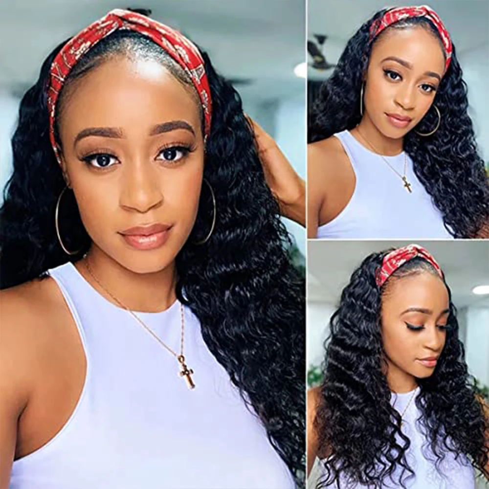 Deep Wave Headband Scarf Wig For Women Brazilian Remy Human Hair Wigs None Lace Full Machine Made Curly Wig 12-26 Inch