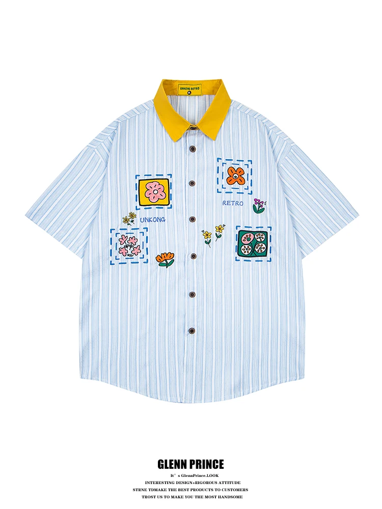 

GPstudio Japanese Retro Floral Embroidery Striped Color Block Short Sleeve Men's Summer Dopaamine Beach Shirt Loose Fit Print...