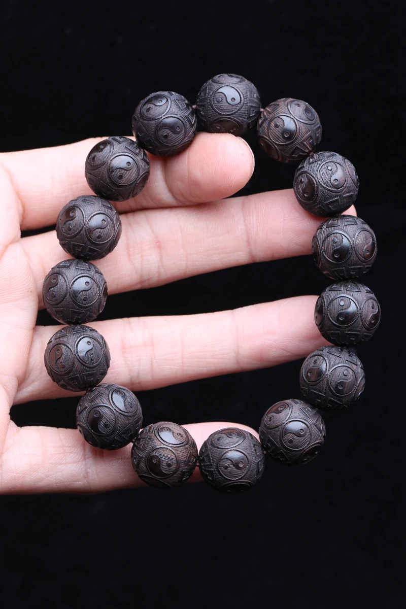 Ebenholz-Herren-Holzarmband, Symbol der Philosophie, männliches Armband, Symbol der Wahrsagerei, 20 mm, schwarzes Holzperlenarmband – Detail 2