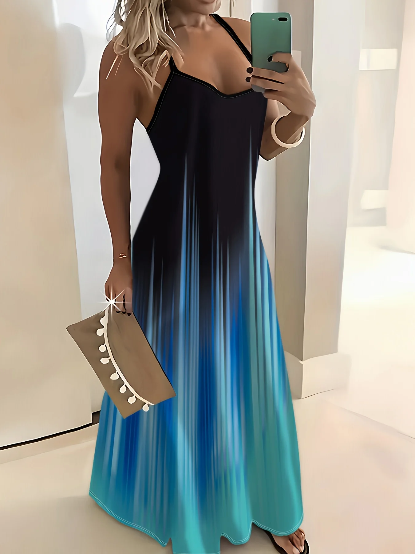 Schwarz-blaues Ombre-Print-Sommerkleid für Damen – Ärmelloses Freizeit-Maxikleid im Urlaubsstil für Strand, Party und Reisen