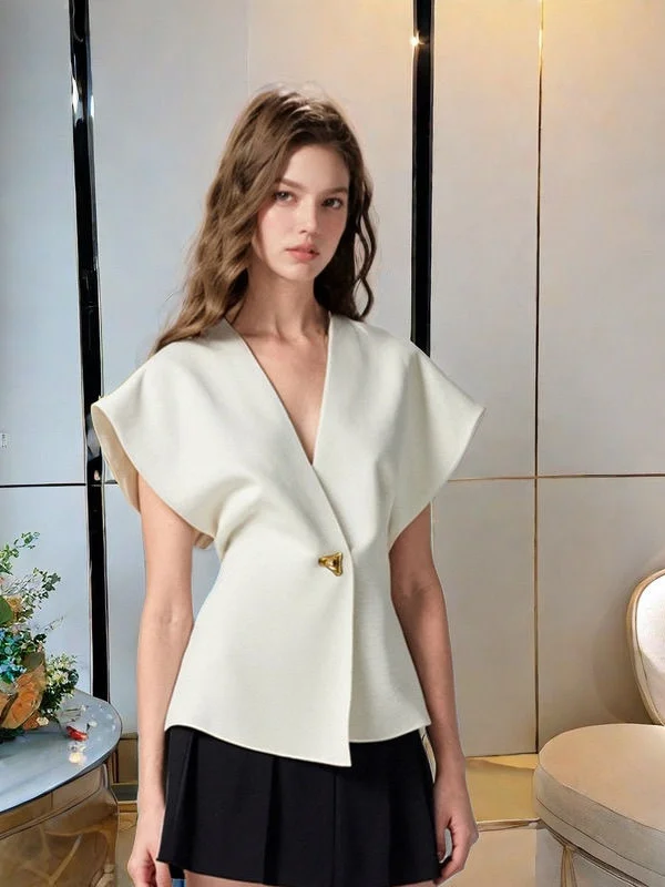 Faionable Costume asymétrique Jaet oulder Drop Sve Un bouton Taille vers l'intérieur Haut amincissant rond Ne ort Sve Femme...