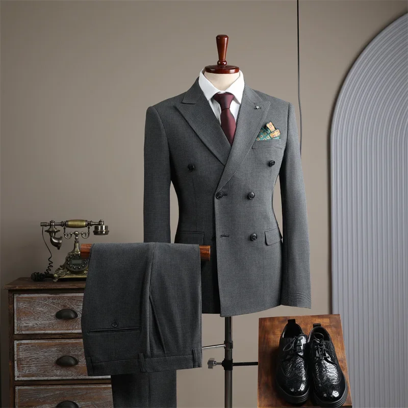 (26) British Retro Double-breasted Suit for Men, Groom Wedding Dress