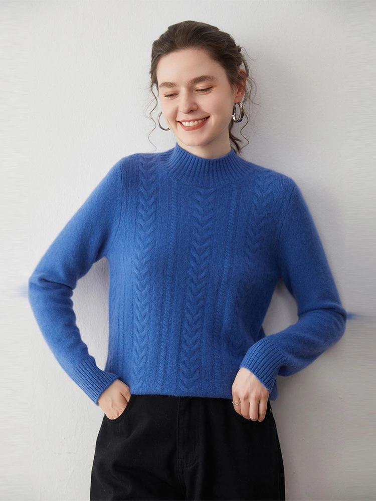 

High Quality Cable Stitch Sweater Autumn Winter Women's 100% Cashmere Knitted Pullover Mock-Neck Chain Weave Pattern Clothes Top