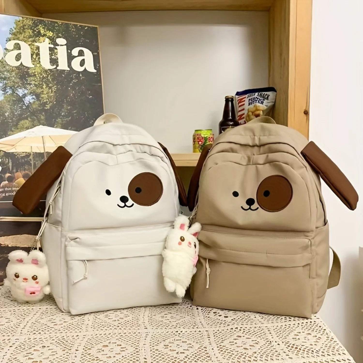 

Unisex Adorable Animals Face Pattern Bags With Toys Zipper Chain, Lightweight Casual Durable Preppy Style Backpacks Thermal bag