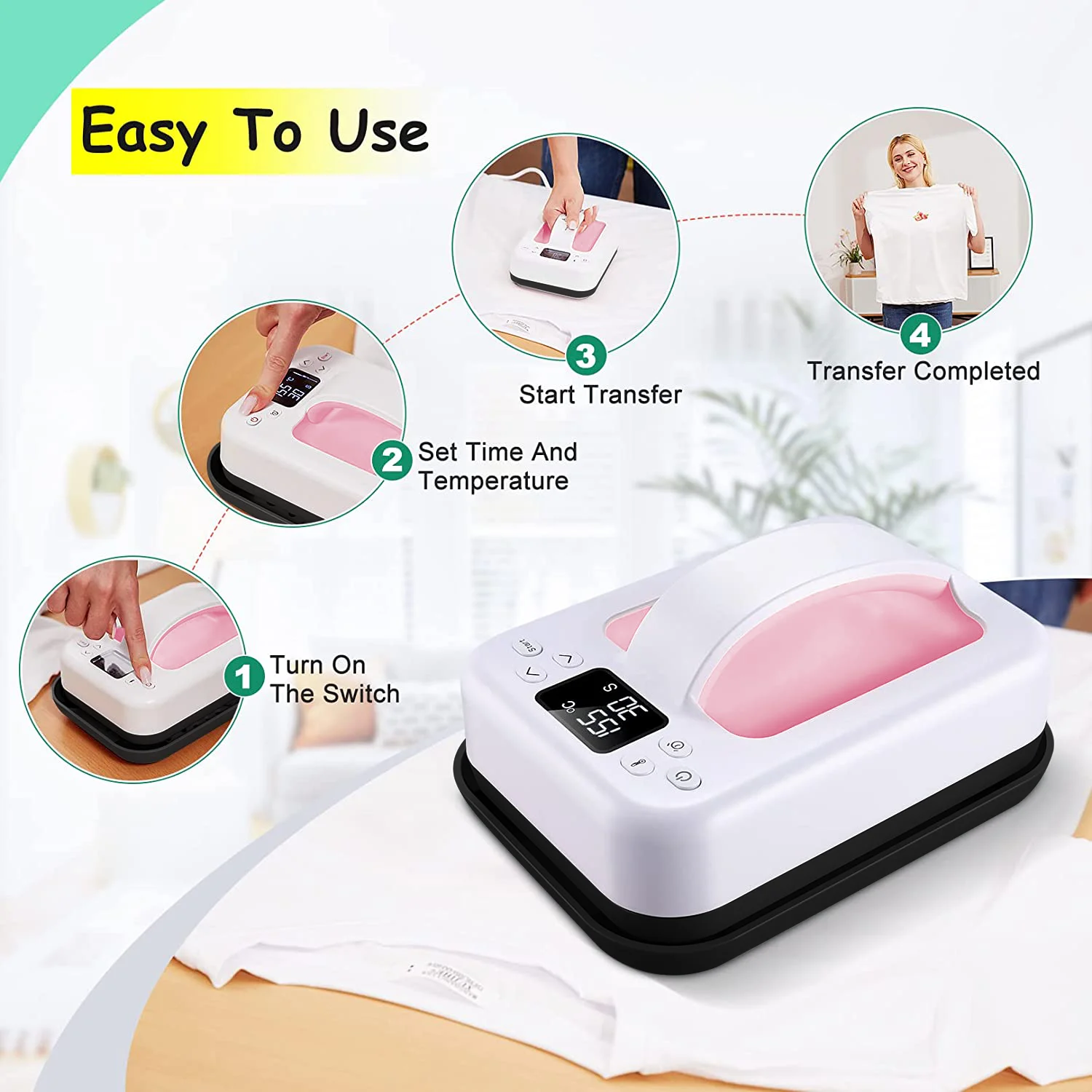 เครื่องกดความร้อน HP6 – เครื่องกดเสื้อยืดแบบพกพาขนาด 7''x5'' – เตารีดทําความร้อนเร็วสําหรับเสื้อยืด การถ่ายเทความร้อน และโครงการ DIY (สีชมพู)