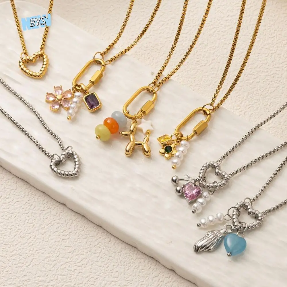 

Light Luxury Heart Beaded Necklace Stainless Steel Crystal Collarbone Chain Women Charms Neck Jewelry Flower Pendant Necklace