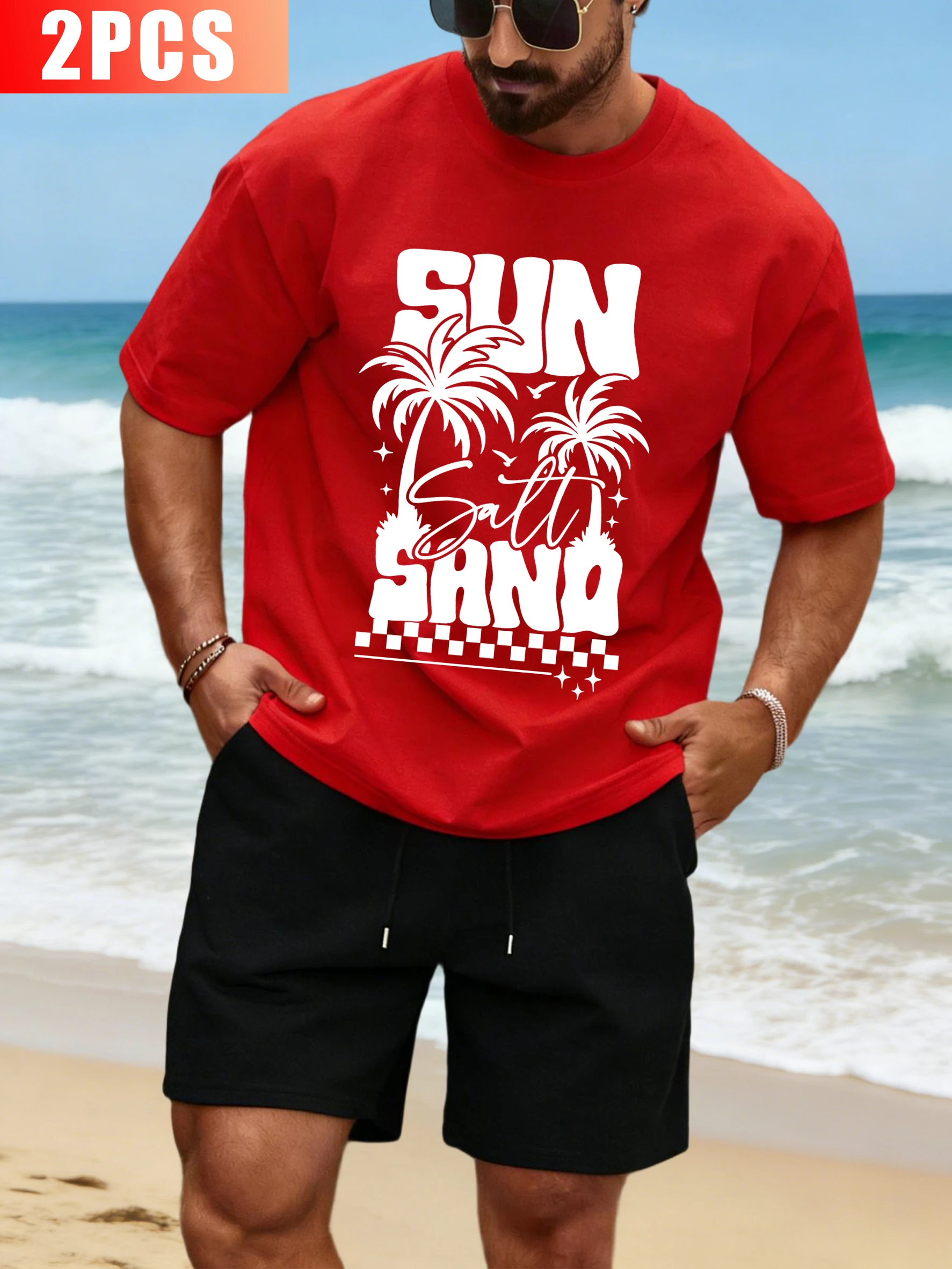 

Vacation Sun Set Sand Print Mens T Shirts Suit All-Match Cotton O-Neck Clothing Drawstring Sport Shorts Unisex Loose Sportswear