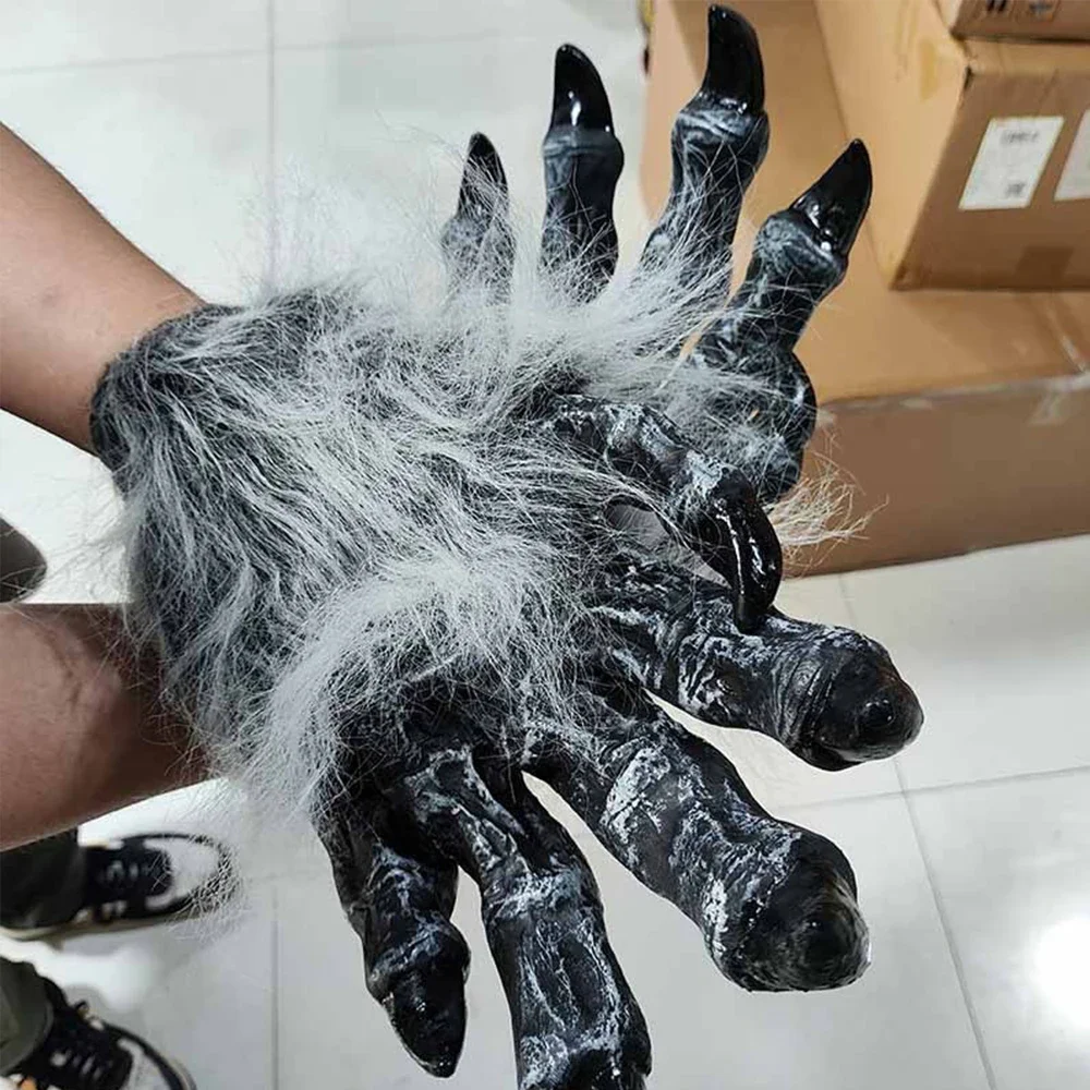 Guantes de lobo para fiesta de Halloween, disfraz de hombre lobo de látex de felpa, uñas, manos para adultos, patas, garra para accesorios, guantes de Pascua para fiesta de Cosplay