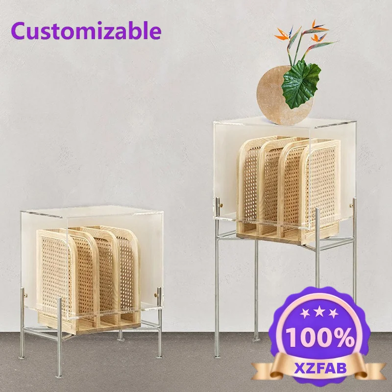 Factory Direct 2026 Simple rattan wood magazine rack, Korean acrylic stainless steel storage rack, bedside cabinets