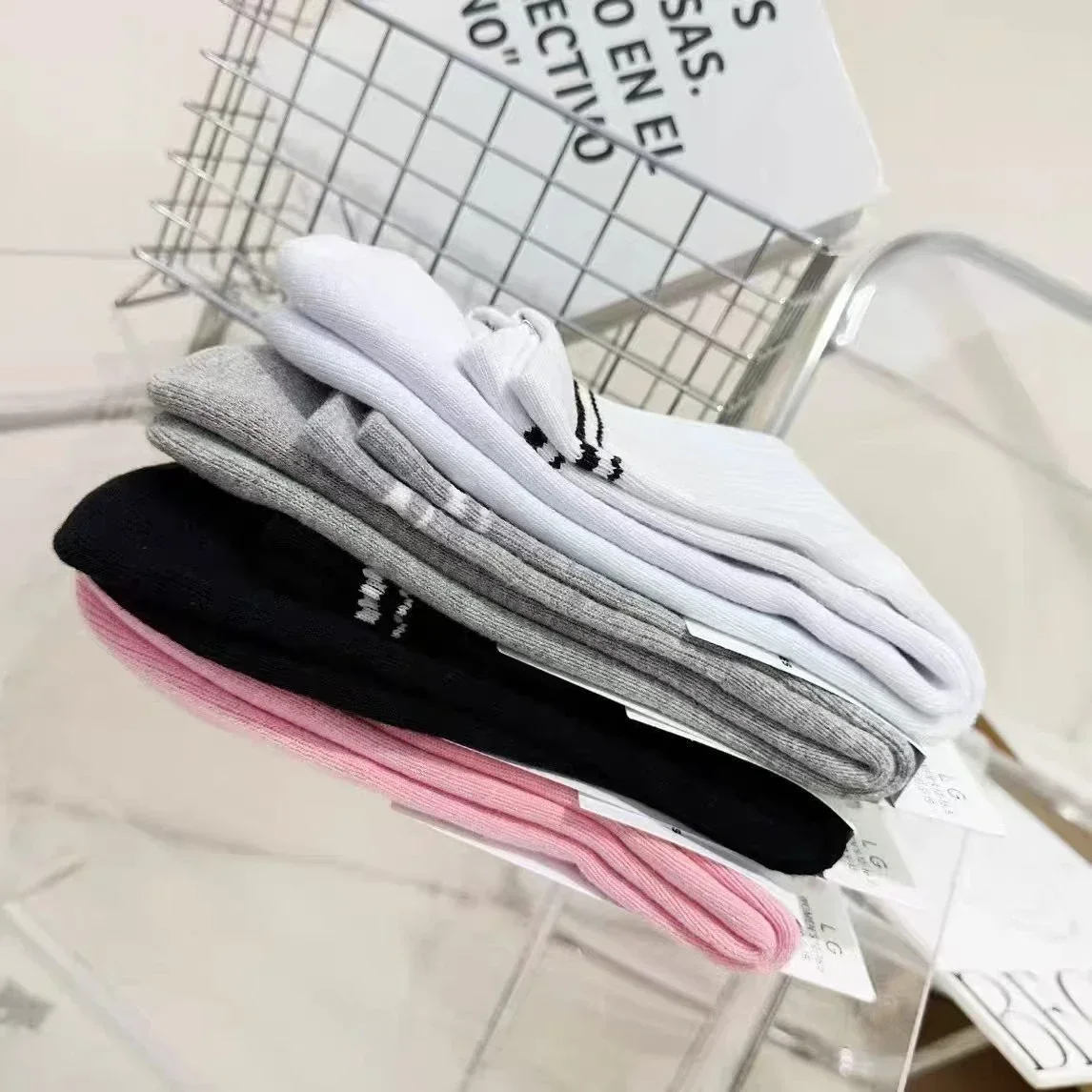2 Pairs Neutral 18cm Long Cotton Socks for Yoga Sports Medium Socks Accolade Pilates Fitness Socks Classic Stripes Soft Sock