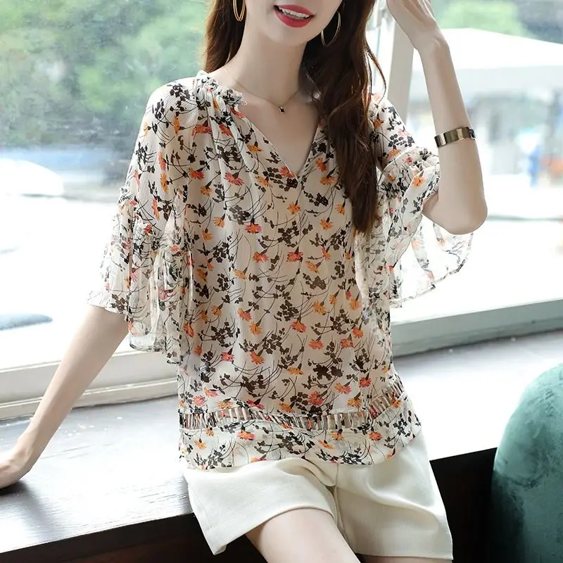 Elegant V-Neck Printed Floral Batwing Sleeve Chiffon Blouse Women\'s Clothing 2024 Summer New Casual Tops Commute Shirt