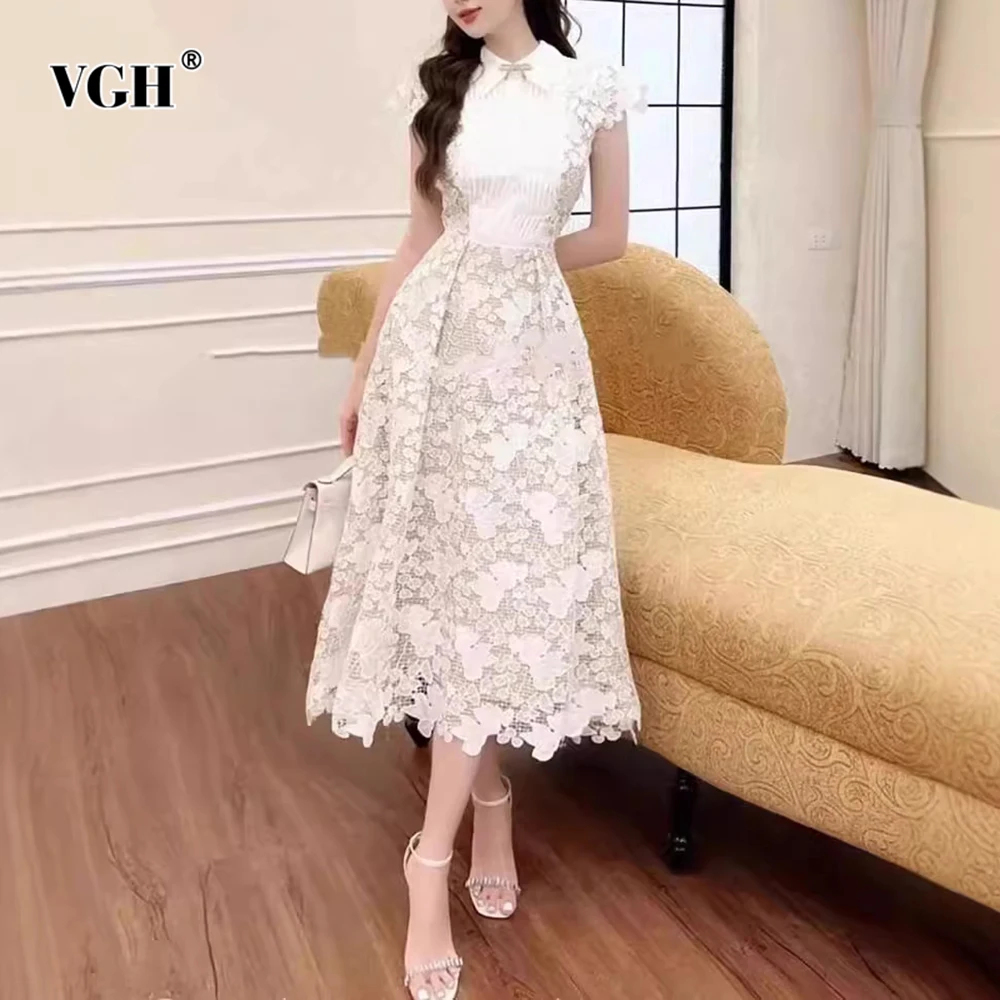 

VGH Solid Elegant Slimming Long Dresses For Women Lapel Short Sleeve High Waist Spliced Appliques Temperament Dress Female New