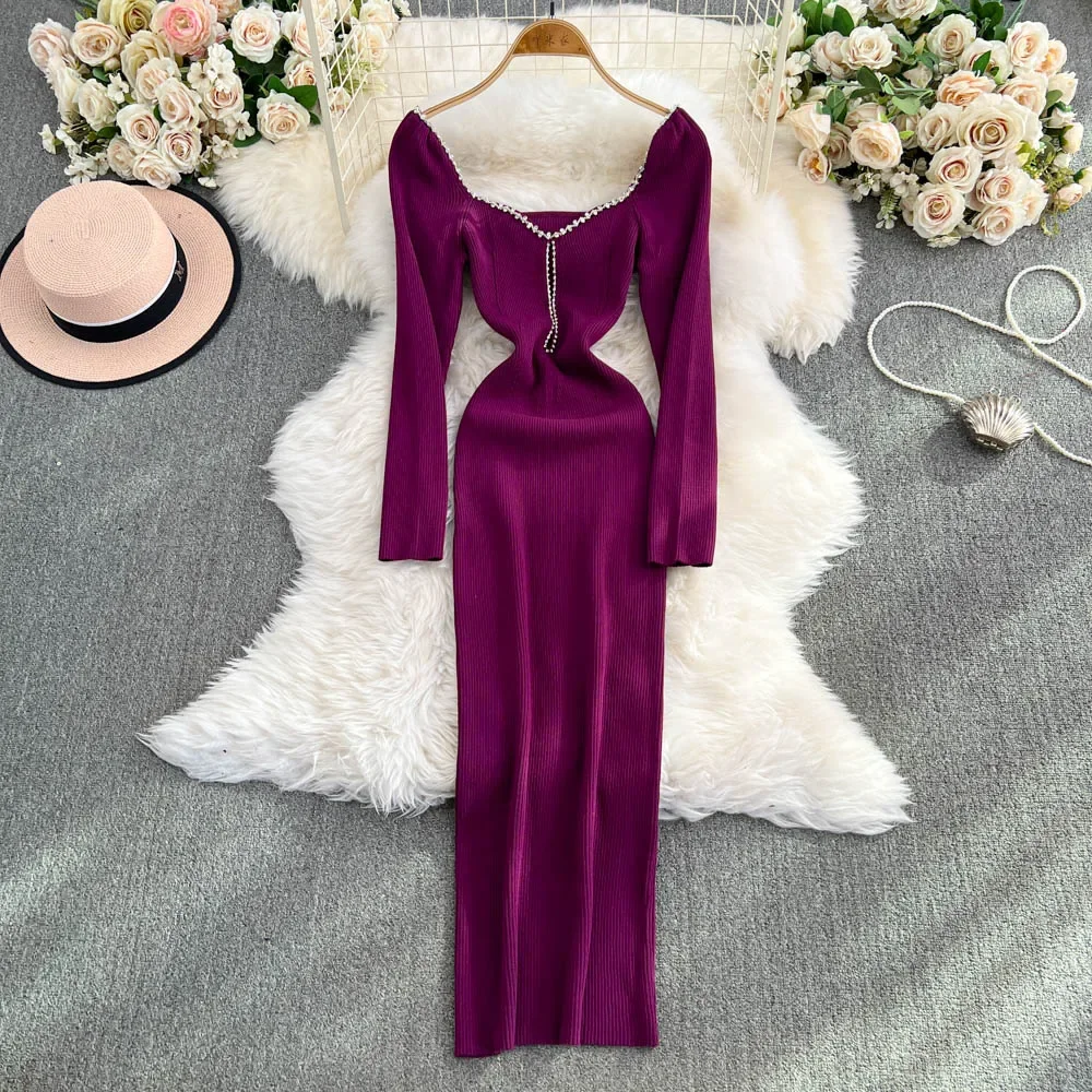 Chic Rhinestone Slim Backless Square Neck Knit Pencil Dress High Street Vintage Evening Korean Sexy Women Autumn Winter Clothing