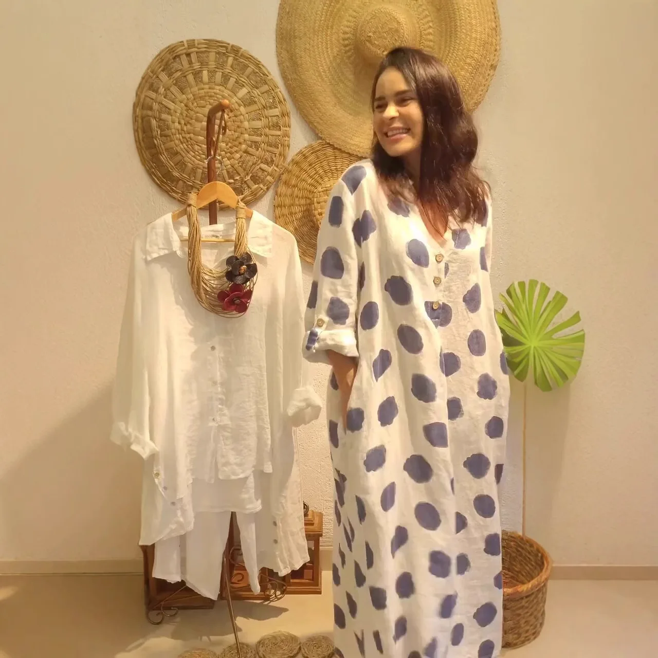 

Loose fashion casual cotton and linen polka dot long-sleeved dress simple and versatile temperament elegant vacation style high-